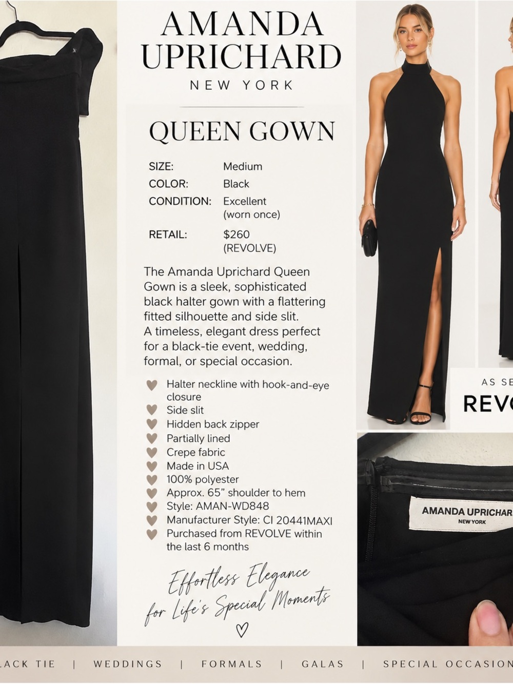 Amanda Uprichard Black Halter Maxi Gown with Side Slit size medium